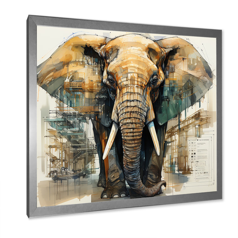 Dessin d’analytique d’un éléphant, Cadre simple argenté, H 36 po x l 36 po x P 1,5 po