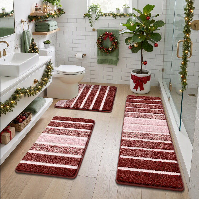 Ensemble de 3 tapis de bain antidérapants et absorbants, Red