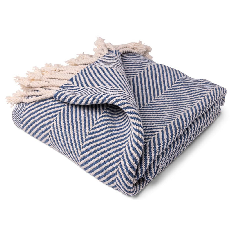 Monhegan Cotton Throw With Fringe, Light Blue Chevron