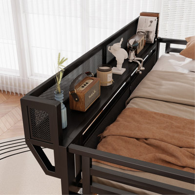Lit mezzanine double avec escalier, lit mezzanine double en métal avec éclairage et rangement, lit mezzanine haut avec garde-robe et rangement pour enfants, adolescents et adultes