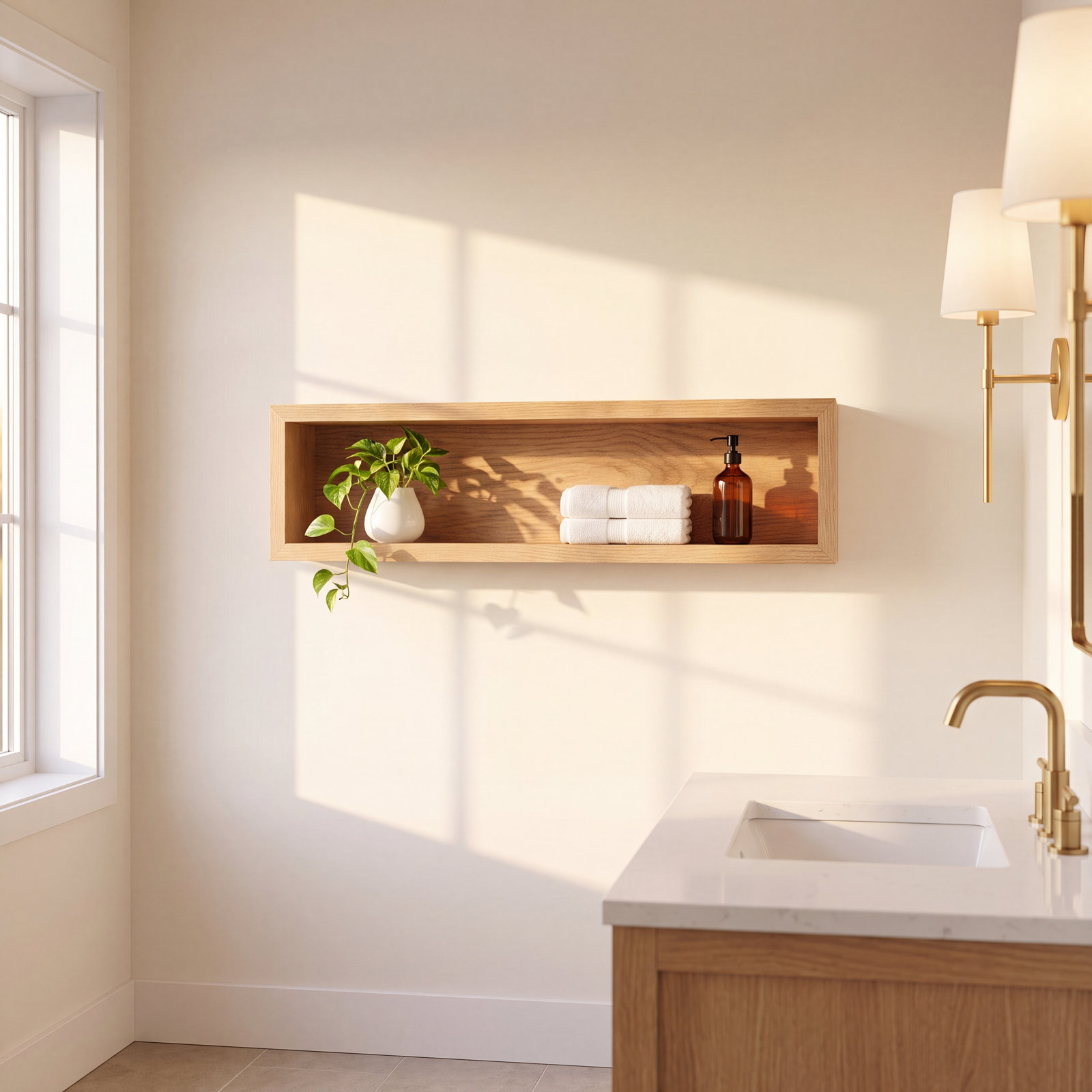 Wall-Mounted Bathroom Shelves, Pecan Oak