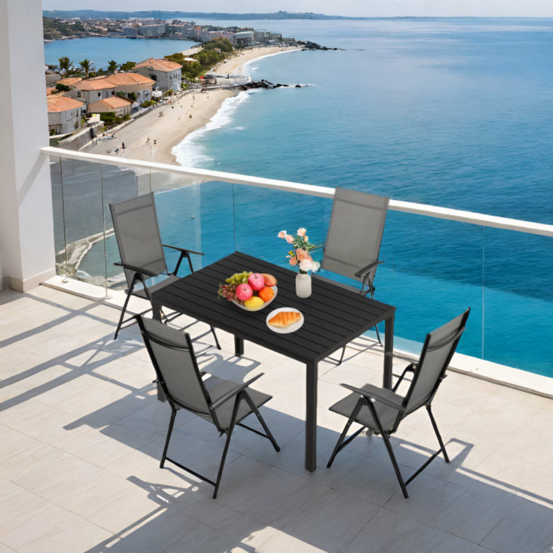 Outdoor Patio Table And Chair Set, With Aluminum Plastic Wood Table And Aluminum Folding Chairs,black