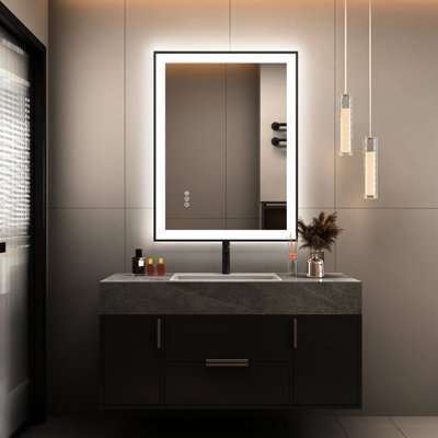 Miroir de salle de bain à DEL 28 po x 20 po, éclairage avant et rétroéclairé, brouillard, 3 couleurs à intensité variable, verre trempé, éclat, rétroéclairé à l'avant et à l'arrière, mémoire intelligente pour les conditions d'éclairage
