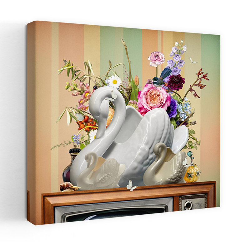 Whimsical Swan Still Life Colorful Retro Vibrant Butterfly Bird Daisy Flower Nature Wall Art Print, 81.28cm H x 81.28cm W