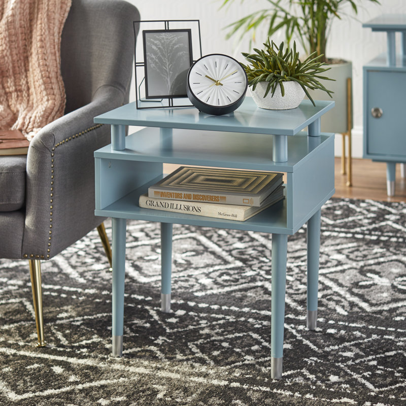 Camylle Solid Wood Leg End Table with Storage, Antique Blue/Silver