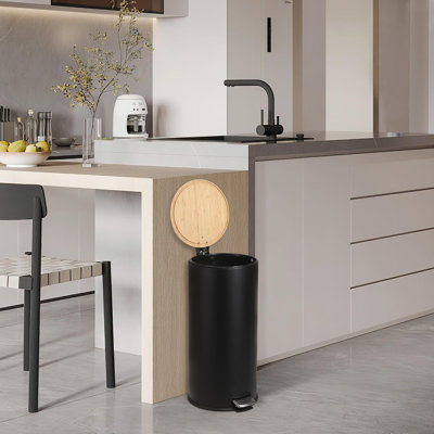 8 Gallon Stainless Steel Trash Can with Soft-Close Bamboo Lid | Smudge-Resistant Step Pedal Garbage Bin | Kitchen Bathroom Office Trash Can in White & Black