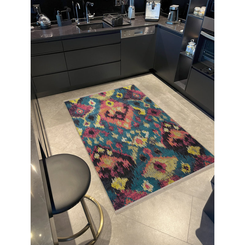 Tapis bleu-rose à motif abstrait à motifs abstraits, Tapis de couloir 3 pi 3,37 po x 6 pi 6,74 po