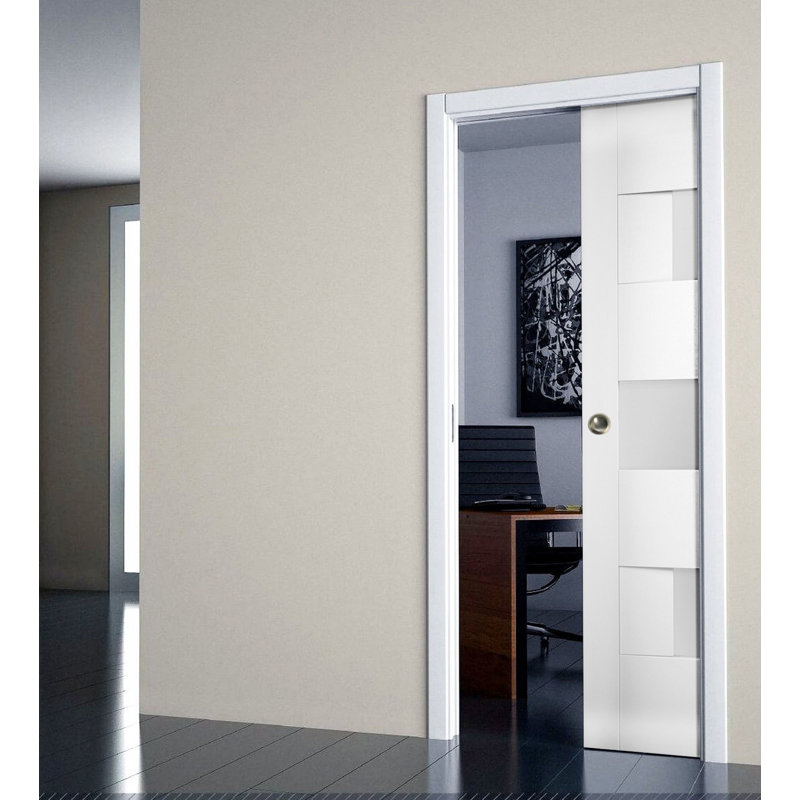 White Silk MDF Sliding Pocket Door with Opaque Glass Panels