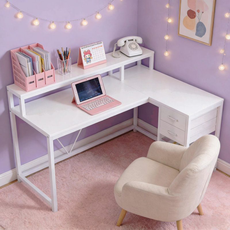 Office Desk,L-Shaped Office Desk,Reversible Computer Desk, Blanc