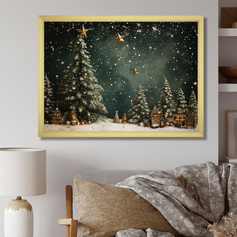 Décoration de sapin vert de Noël - Art mural sur toile de pin, Doré, H 16 po x l 32 po, Impression encadrée
