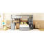 Lit double superposé au-dessus d'un lit double gris avec bureau pratique et généreuses options de rangement confortables pour une chambre à coucher efficace