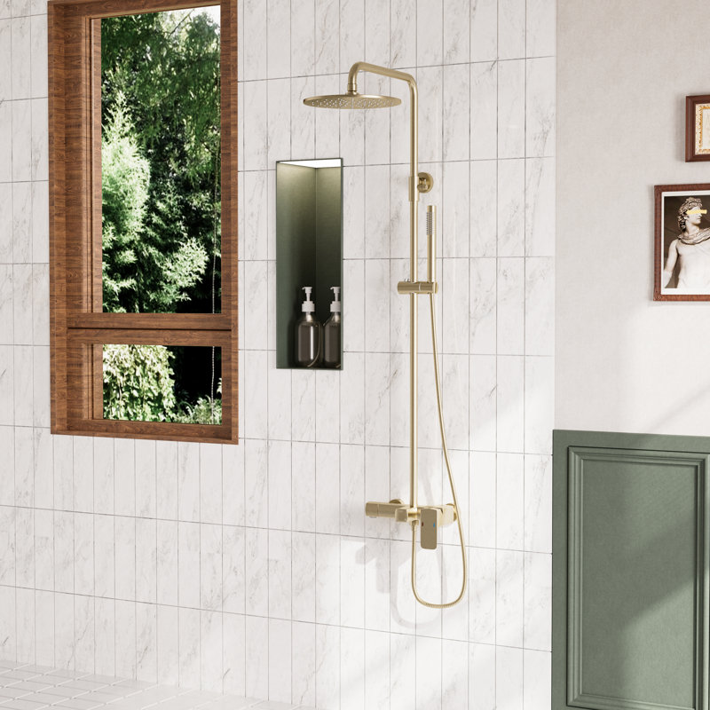 Système de douche mural brossé à 3 fonctions or brossé, pomme de douche à pluie de 10 po avec douchette et douchette, valve en laiton