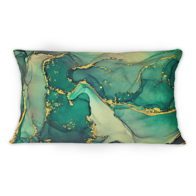 Turquoise And Gold Luxury Abstract Fluid Art I - Modern Printed Throw Pillow 12" x 20"