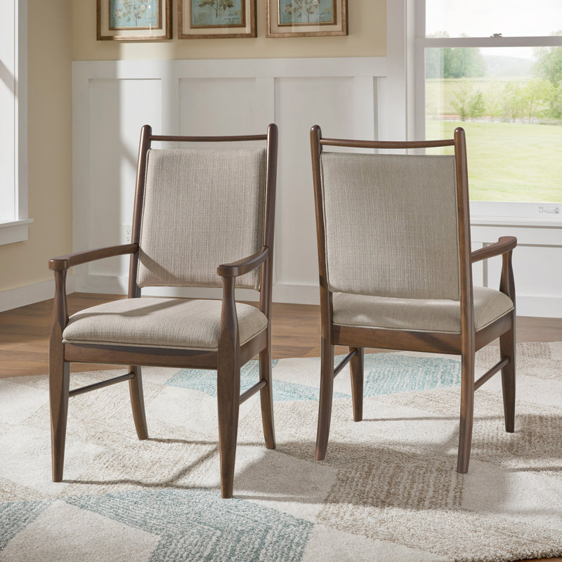 Cipolla Wood Finish Beige Fabric Arm Chair, Brown Wood