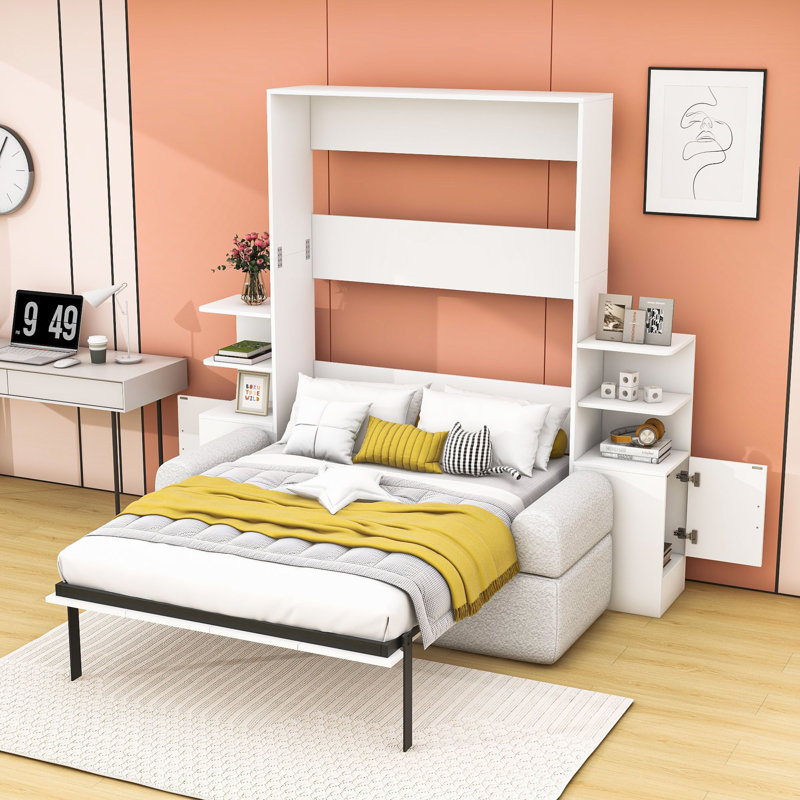 Lit escamotable double avec canapé, armoires de rangement et tablettes, Blanc