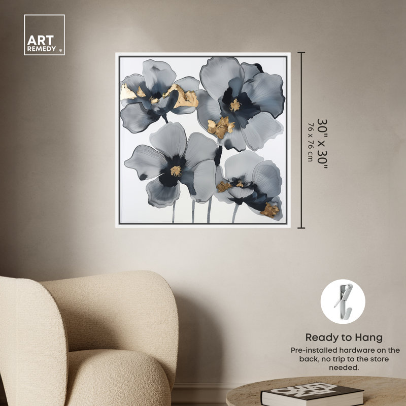 Art Remedy Drama Flora Gray and Gold Canvas Wall Art, 31" x 31"
