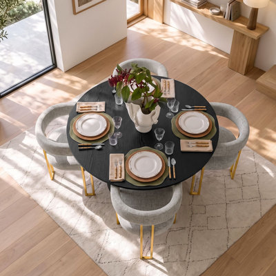 Ensemble de table de salle à manger pour 4 personnes avec table ronde et 4 fauteuils en chenille dorés rembourrés