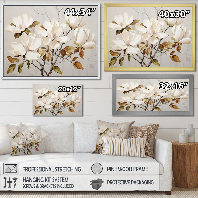 «Magnolias Beauty Blossums III - Magnolias», art mural beige et doré, H 12 po x l 20 po x P 1 po, Encadrement argenté