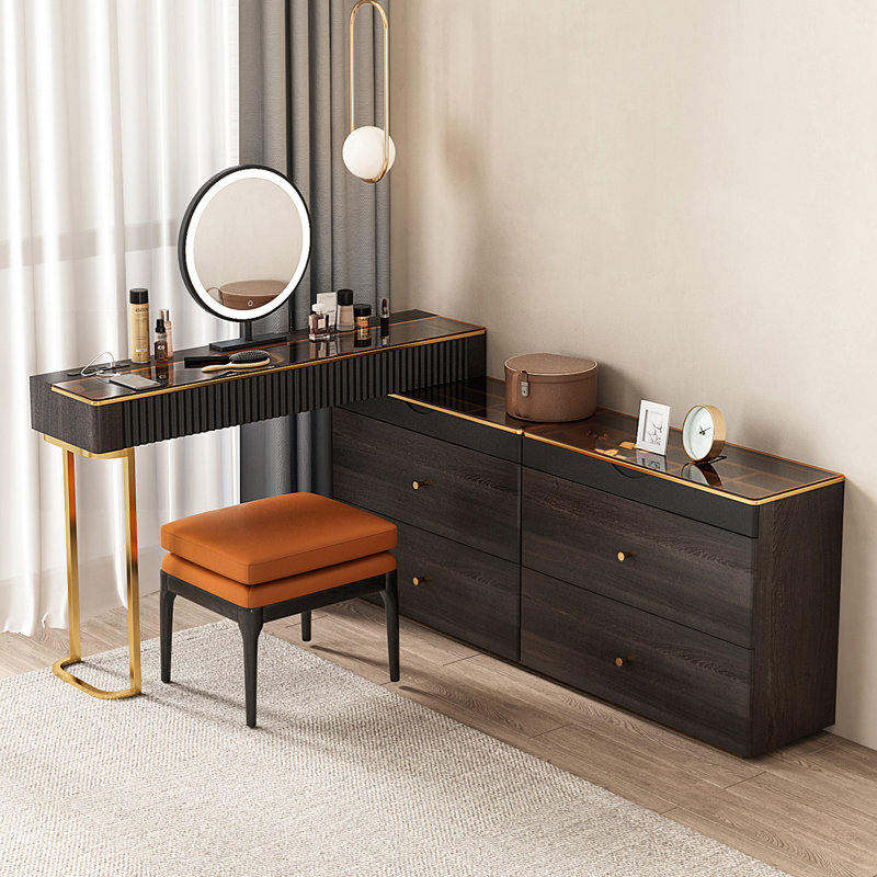 High-quality Makeup Vanity Set,Power Outlet, Glass Top,Corner,Very easy to assemble,Includes makeup stool, Black/Glod