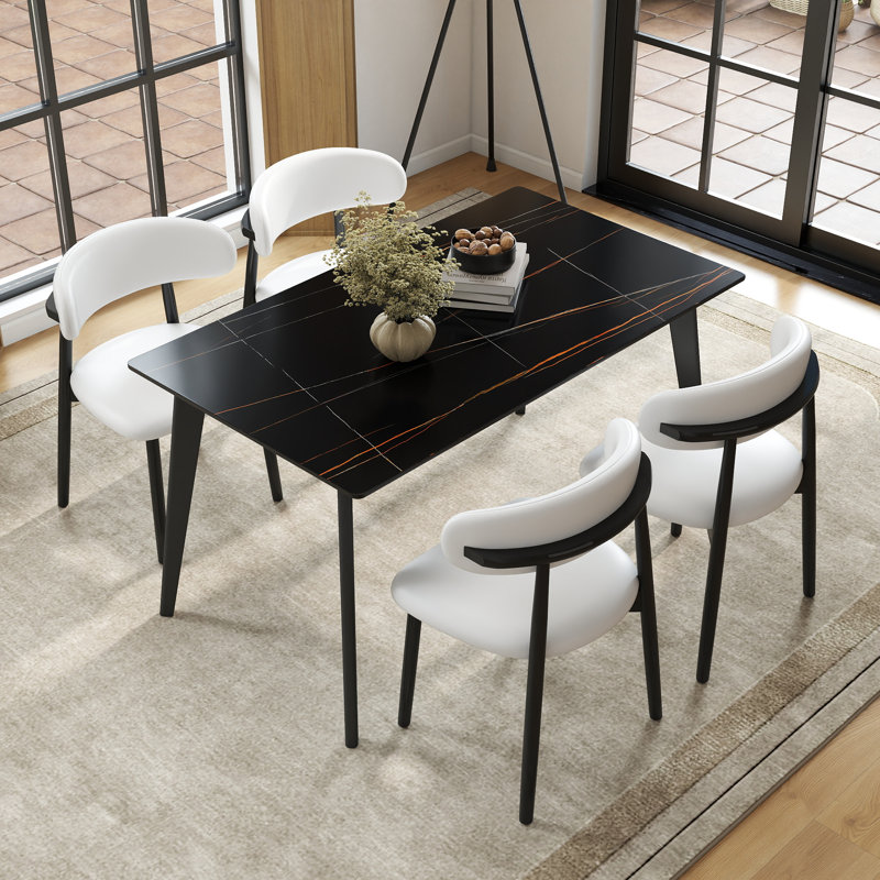 Juvan Modern 5-Piece Rectangular Marble Dining Table Set With 4 Faux Leather Chair, Lauren Blackgold, White/Black