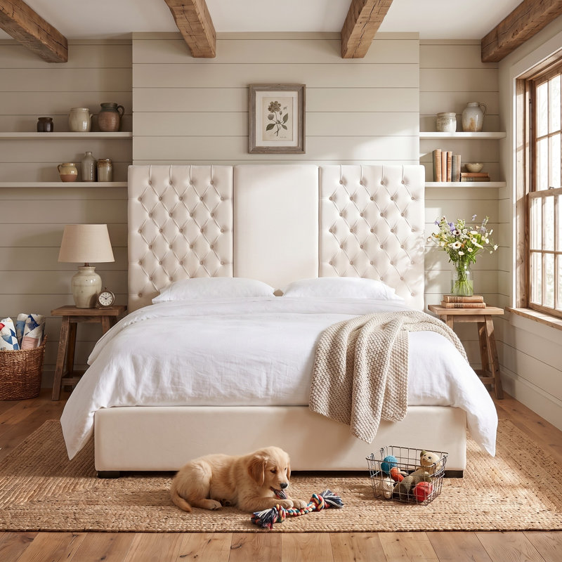 Contemporary Glam Extra-Tall Tufted Velvet Upholstered Platform Bed with Storage Drawers, King, Cream , King, Cream
