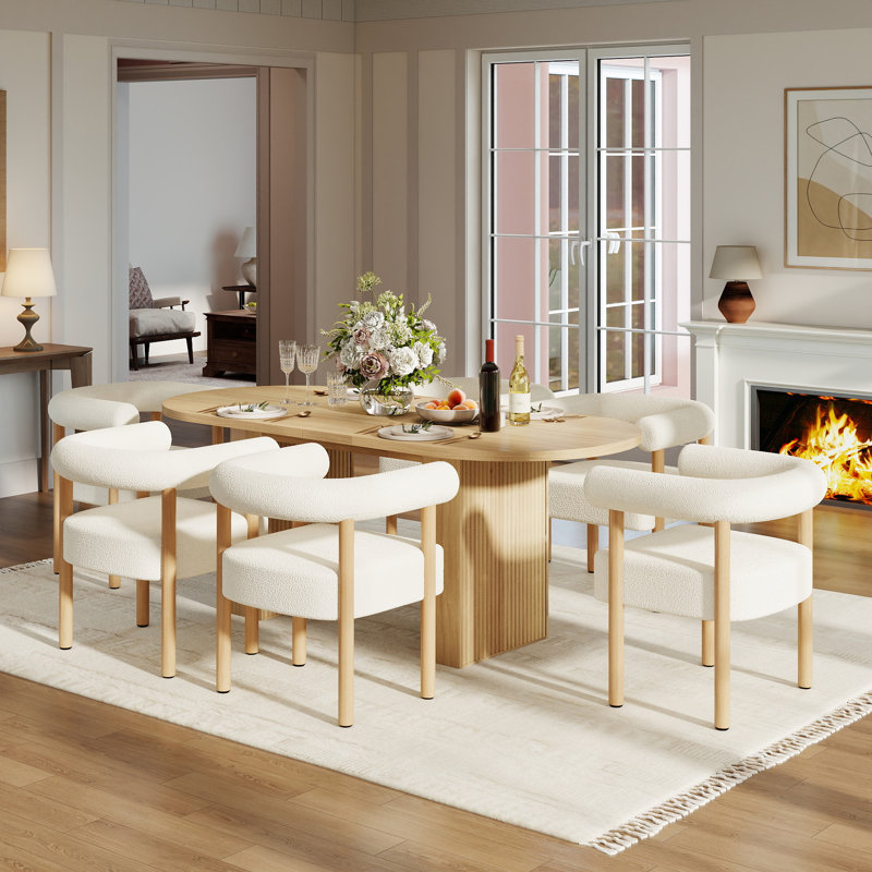 Ensemble de table de salle à manger avec 6 chaises cylindriques en peluche, ferme moderne pour la cuisine et le salon, Bois