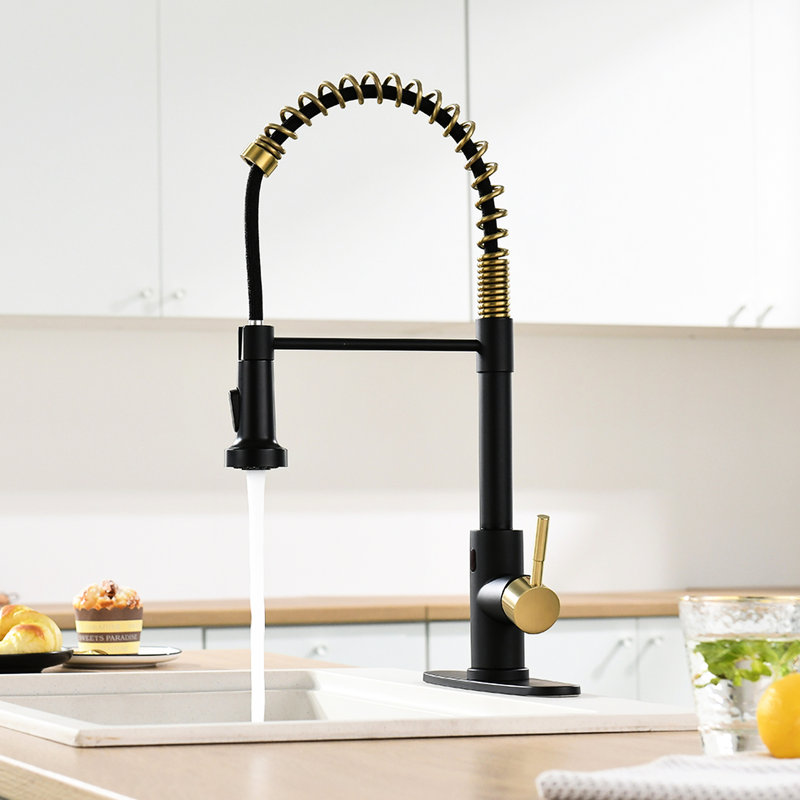 Robinet de cuisine sans contact avec douchette rétractable - Mains automatiques Smart, noir et or, contemporain, acier inoxydable, remplissage en céramique Smart Touchless