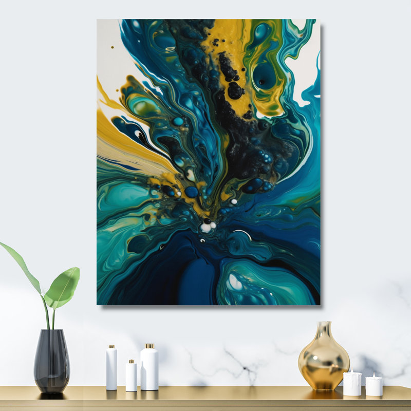 Sarcelle et jaune liquide Dreams II - formes abstraites, impression sur métal, H 20 po x l 12 po x P 1 po