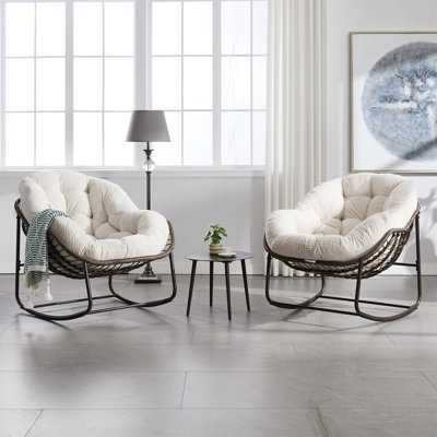 Chaise berçante d'extérieur en rotin, fauteuil inclinable et berçant rembourré pour le porche, salon, patio, jardin, blanc