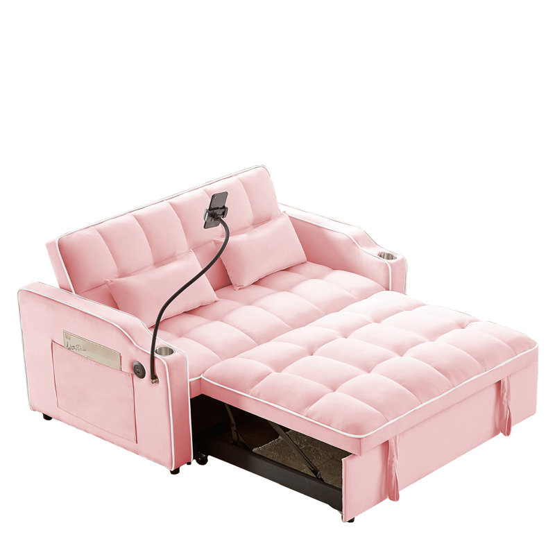 Lit rose polyvalent 3 avec dossier réglable, support de charge et support pour téléphone dans un port en velours, cendrier et support pivotant