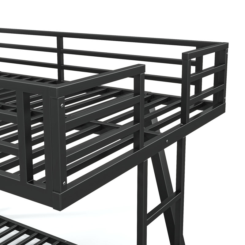 Lit superposé simple TG au-dessus de simple TG avec 2 échelles latérales, lit superposé en métal avec pieds de support spéciaux, lit superposé à profil bas, noir