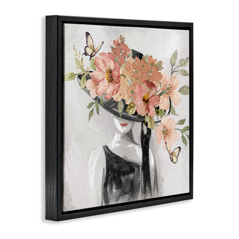 «Pink Floral Hat», encadrée par Nan, H 18 po x l 18 po, Cadre flottant noir de jais