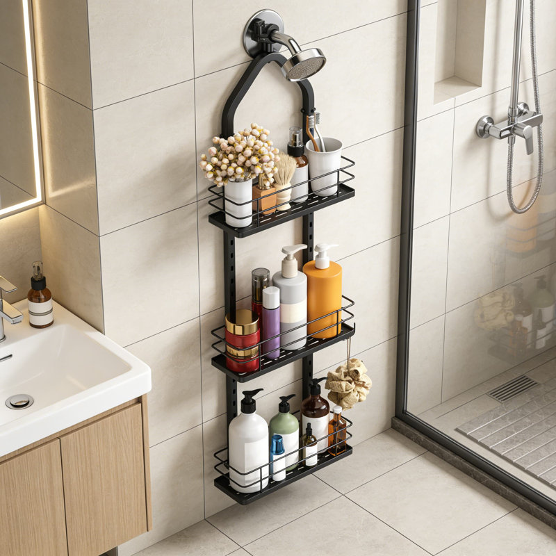 Support de douche réglable au-dessus de la tête de douche, organisateur de douche à 3 niveaux anti-balançoire avec acier inoxydable résistant à la rouille, support de rangement de salle de bain robuste pour les essentiels de shampooing et de bain