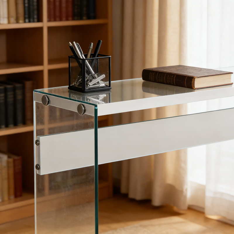 Console moderne avec plateau en verre trempé, finition blanc brillant et grande surface pour le salon, le couloir ou derrière le canapé