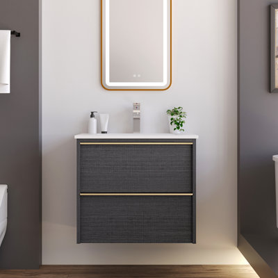 Meuble-lavabo mural 24 po avec 2 tiroirs cannelés et poignées en métal, gris