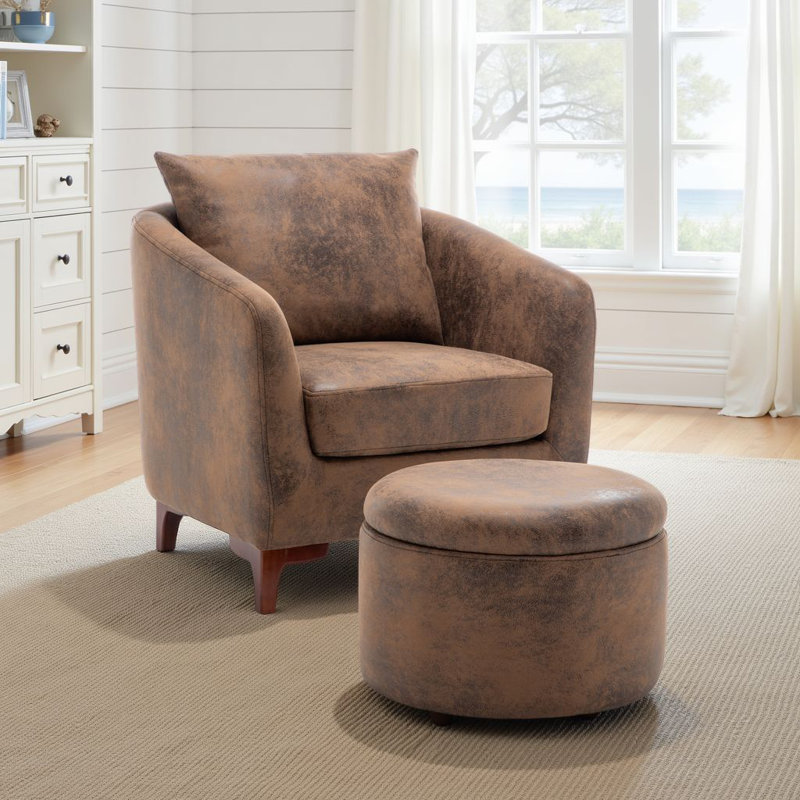 Upholstered Barrel Chair with Footstool, Brown Microfiber/Microsuede