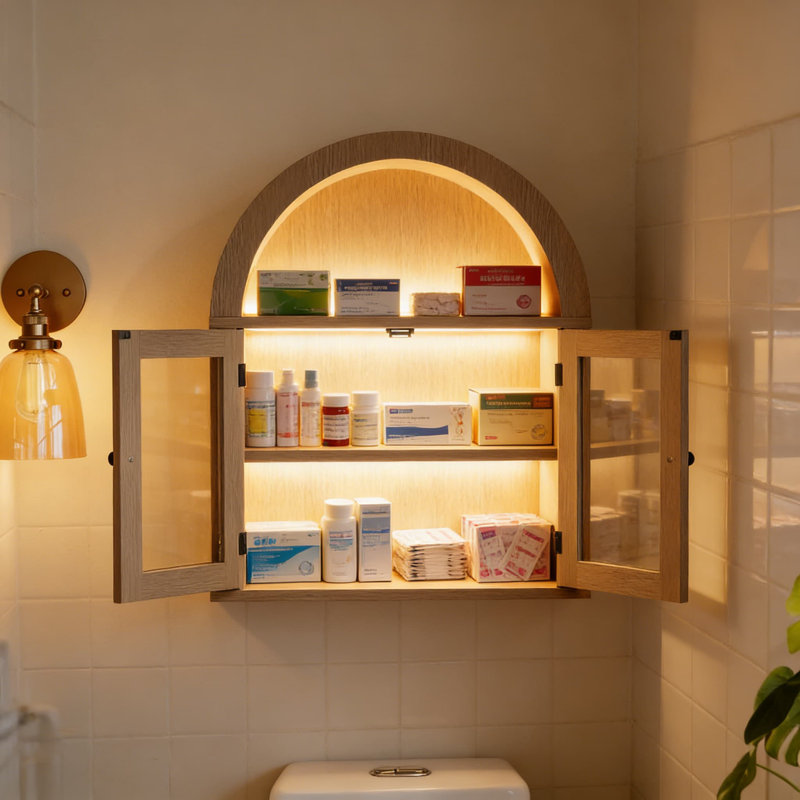 Armoire murale arquée avec portes en acrylique et tablette réglable, rangement en bois rustique pour la salle de bain, la cuisine, le vestibule et le salon
