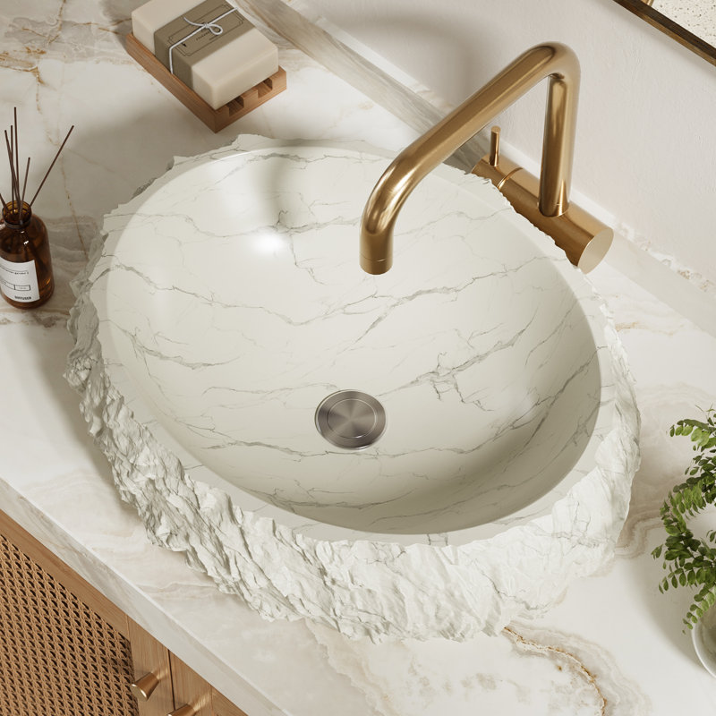 20'' Irregular Oval Bathroom Sink with Stone Texture, Resin Vessel Sink, Easy Assembly, White