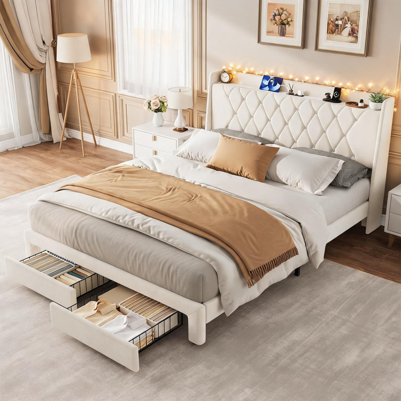 Cadre de lit Queen avec rangement, cadre de lit plateforme recouvert de velours avec tête de lit capitonnée en cristal, station de recharge, 2 tiroirs, sans sommier, silencieux, pour chambre à coucher, ivoire