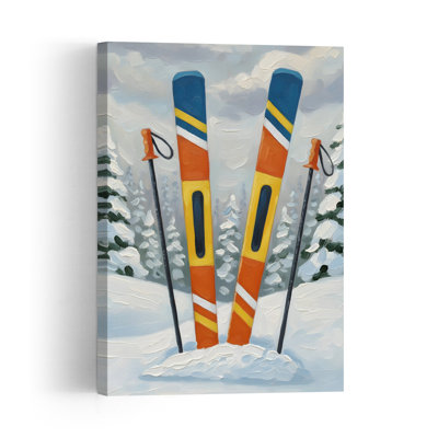 «Orange Skis in Snow», reproduction d'art contemporain de paysage de pin contemporain