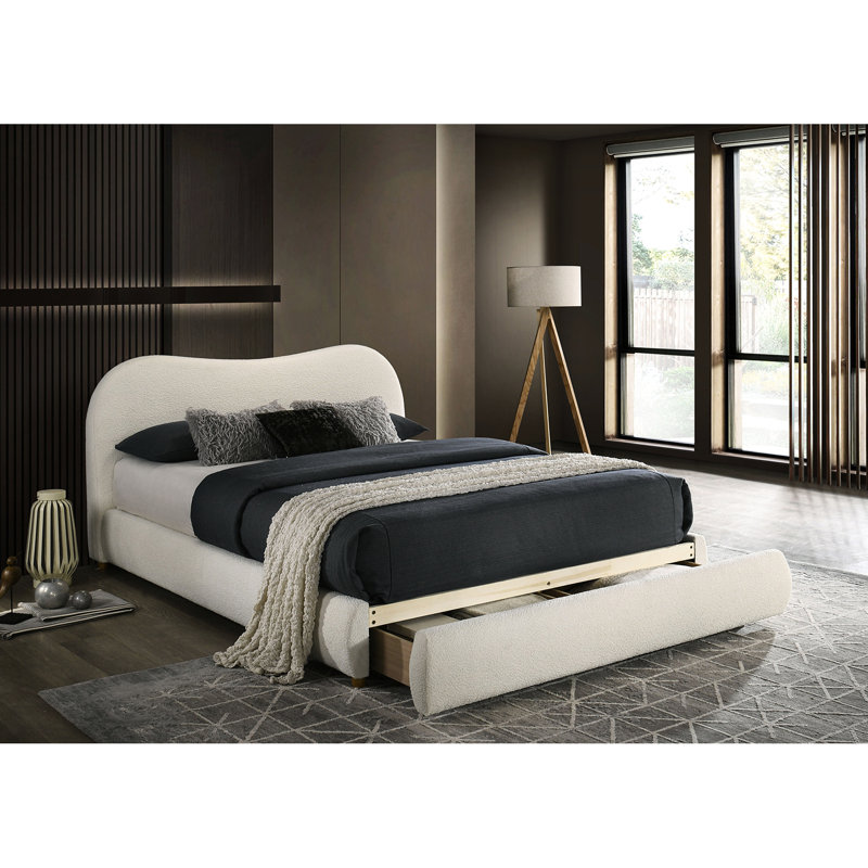Grand lit tapissier blanc Boucle, tête de lit incurvée, tiroir de rangement, cadre de lit style transitionnel, conception, rangement, décoration de chambre à coucher moderne