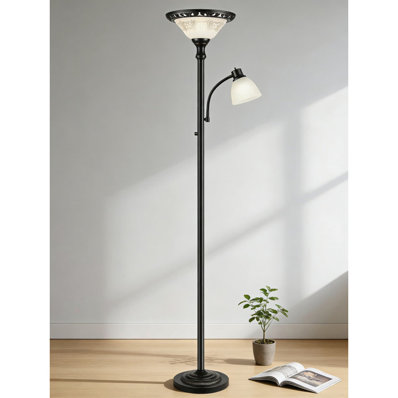 Victorian Floor Lamp With Adjustable Reading Light, 71 Inch Torchiere Standing Lamp With Etched Glass Shade And Heavy Base, 3CCT LED Bulb Included For Living Room, Bedroom, Or Office