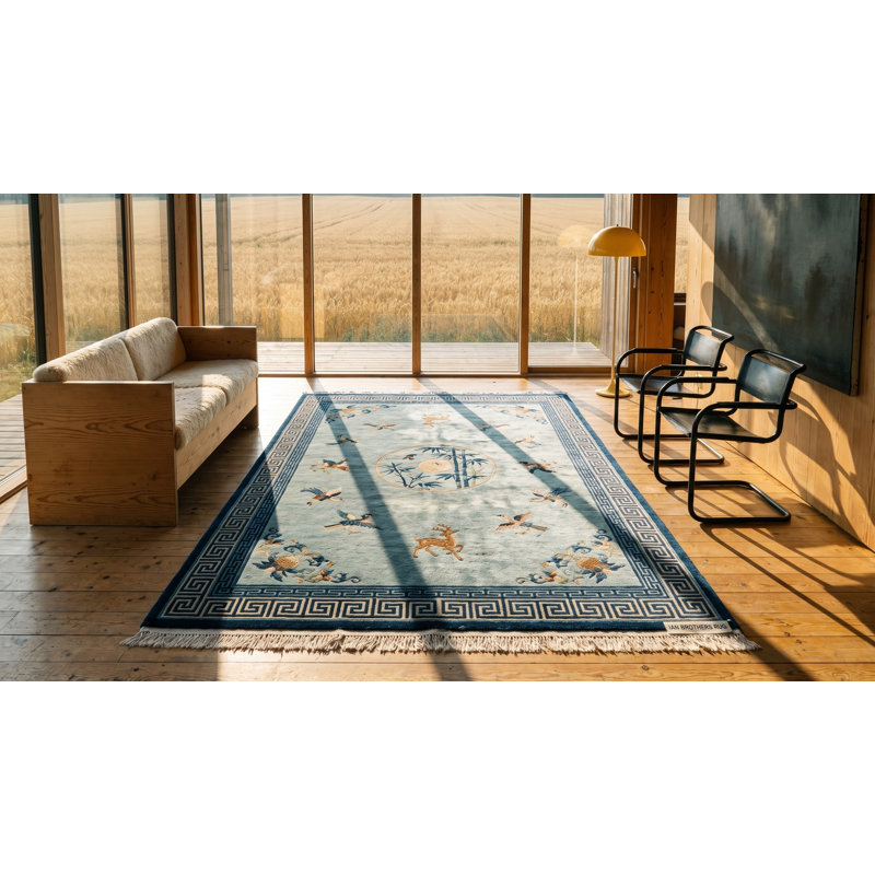 Light Blue Antique Room Size Chinese Bird Design Peking Rug