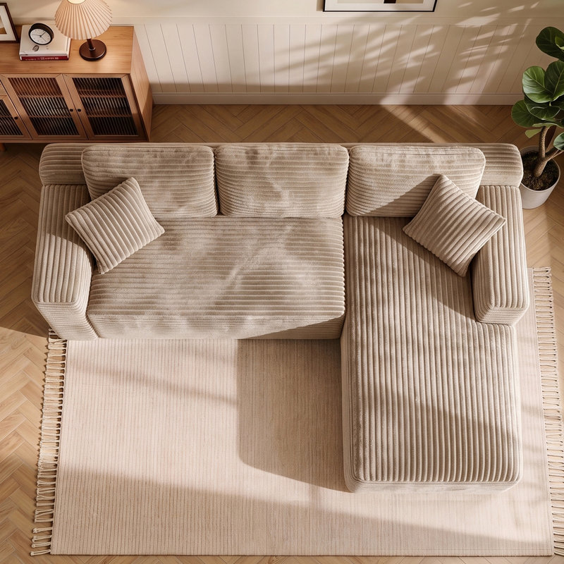 Canapé d'angle en velours côtelé en forme de L avec méridienne, Marron foncé, Orienté à droite