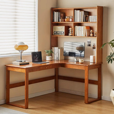 Solid Wood L-Shaped Desk with Bookshelf Combo