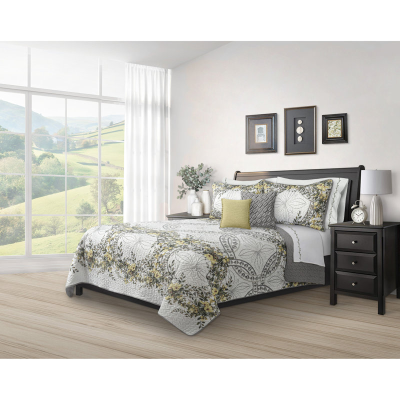 King Size Yellow Floral Microfiber Quilt Set