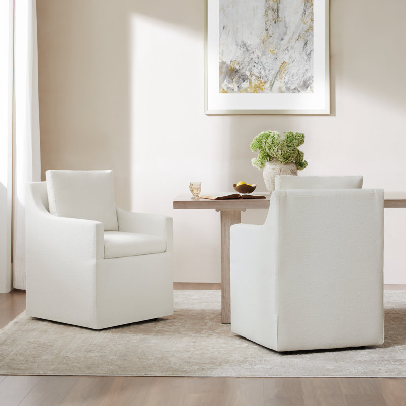 Upholstered Back Dining Chair With Casters, Ivory