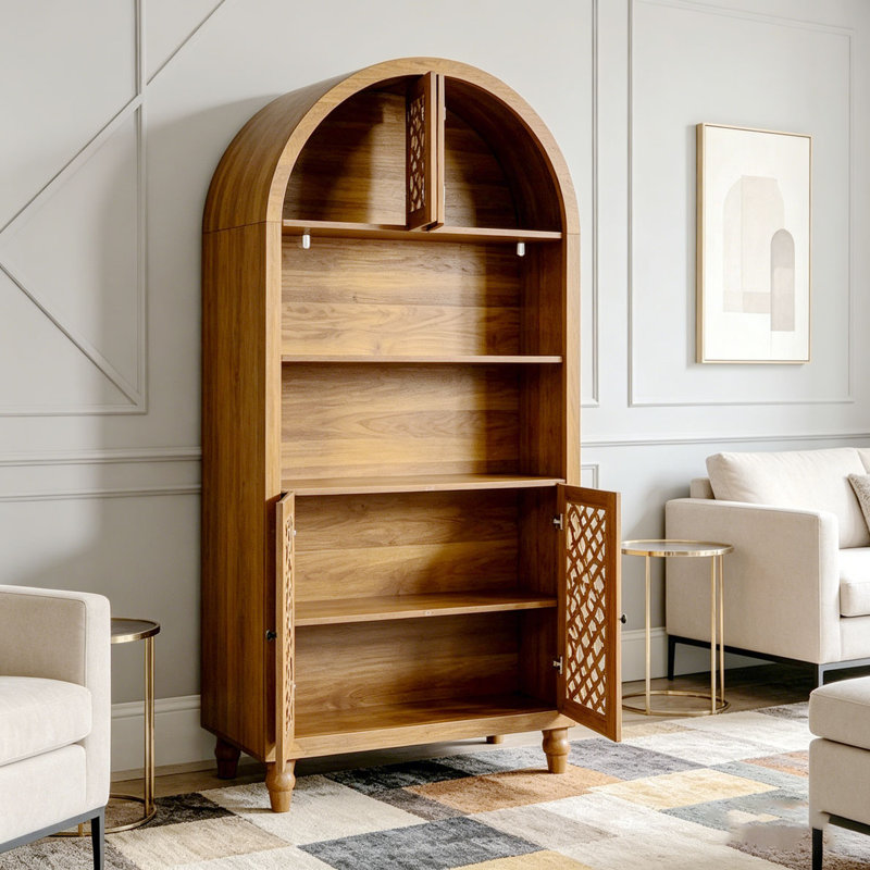 Bibliothèque 66 po de hauteur avec bibliothèque ouverte et armoire arquée en bois sculpté
