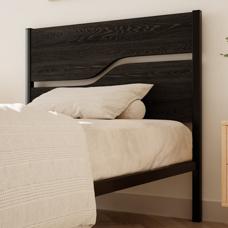 Kempst Twin Bed Frame with Wood Headboard and Footboard, Farmhouse Industrial Black Platform Bed with Under-Bed Storage, Mattress Foundation with Heavy Duty Slats Support, No Box Spring Needed, Noise Free, Easy Assembly