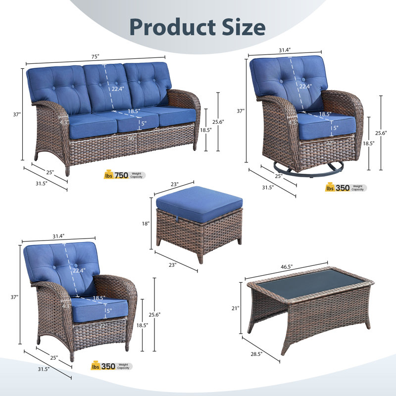 Ensemble de mobilier d'extérieur 8 pièces avec chaises pivotantes toutes saisons, Bleu